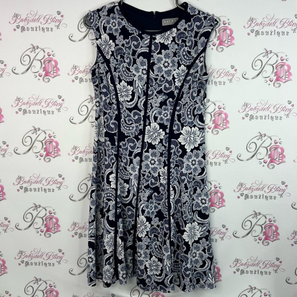 Laura dress Lacie floral lace Navy and White Lace Midi Dress